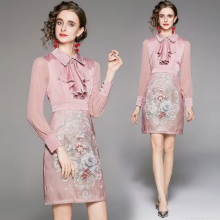 Women Elegant Lotus Pink Floral Embroidery Long Sleeve Dress Vintage Ruffle Collar Satin Patchwork Slim Fit Cocktail Party Midi Dresses