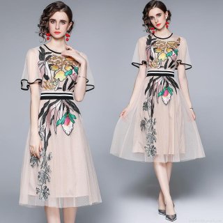 Elegant Women Mesh Midi Dress 65% Polyester 35% Cotton Heavy Floral Embroidery Ruffle Short Sleeve Round Neck Slim Fit A-Line Princess Style Party Banquet Dress