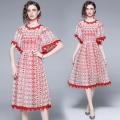 Elegant Women's Red Lace Embroidered Midi Dress Round Neck Flare Sleeve A-Line Party Dress With Pearl Belt Celebrity Style Fall Winter Slim Fit Office Outfits