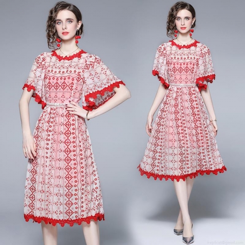 Elegant Women's Red Lace Embroidered Midi Dress Round Neck Flare Sleeve A-Line Party Dress With Pearl Belt Celebrity Style Fall Winter Slim Fit Office Outfits