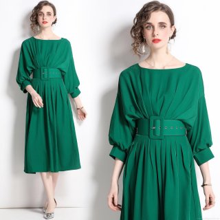 Elegant Women Pleated Midi Dress With Belt 100% Polyester Round Neck Batwing Sleeve A-Line Party Dress Vintage High Waist Solid Color Dress For Ladies