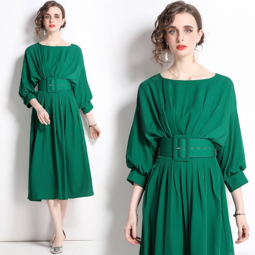 Elegant Women Pleated Midi Dress With Belt 100% Polyester Round Neck Batwing Sleeve A-Line Party Dress Vintage High Waist Solid Color Dress For Ladies