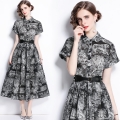 Women's Vintage Toile de Jouy Print Shirt Dress Short Sleeve Lapel Button Down Midi Dress With Belt For Casual Office Party Elegant Jungle Animal Patterned Dress