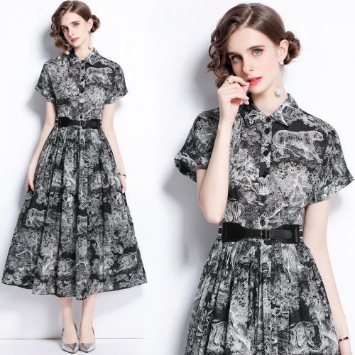 Women's Vintage Toile de Jouy Print Shirt Dress Short Sleeve Lapel Button Down Midi Dress With Belt For Casual Office Party Elegant Jungle Animal Patterned Dress