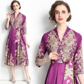 Elegant Purple Palace Style Paisley Print V-Neck Midi Dress French Retro Women 3/4 Sleeve Satin Finish High Waist Slimming Party Dress For Wedding Guest Dinner Lady
