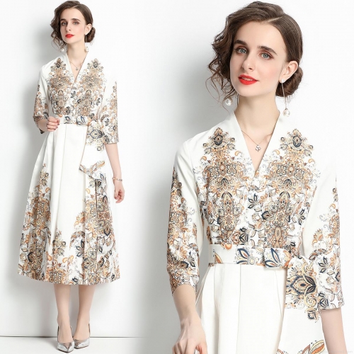 Elegant French Vintage Paisley Print V-Neck Midi Dress With Waist Belt 3/4 Sleeve Polyester A-Line Dress For Women Party Office Evening