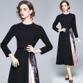 Elegant Women Long Sleeve Spliced Pleated Midi Dress With Belt Round Neck Black Pink Abstract Print Slim Fit Office Commuter Polyester Dress