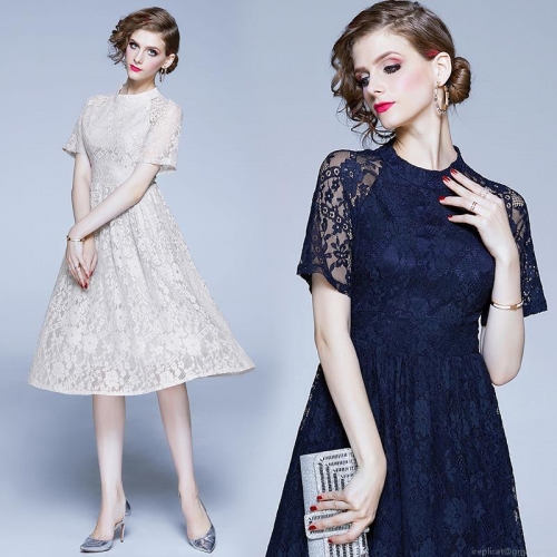 Women Elegant Floral Lace Midi Dress Round Neck Short Sleeve Slim Fit A-Line Dress For Party Wedding Banquet Formal Evening Ladies Fashion Clothing