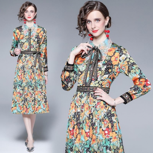 Women Elegant Floral Print Pleated Midi Dress With Lace Collar And Bow Tie Retro Long Sleeve Slim A-Line Button Down Polyester Dress For Office Daily Party