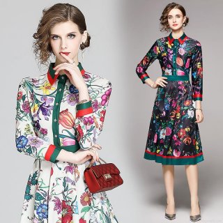 Women's Elegant Floral Print Midi Dress Long Sleeve Shirt Collar A-Line Satin Feel Retro Dress With Red Green Webbing Stripe And Waist Belt For Office Daily Party