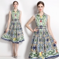 Women's French Retro Sleeveless Midi Dress Sicilian Majolica Tile Print Lapel Button Up A-Line Swing Dress With Belt Summer Vacation Polyester Clothing