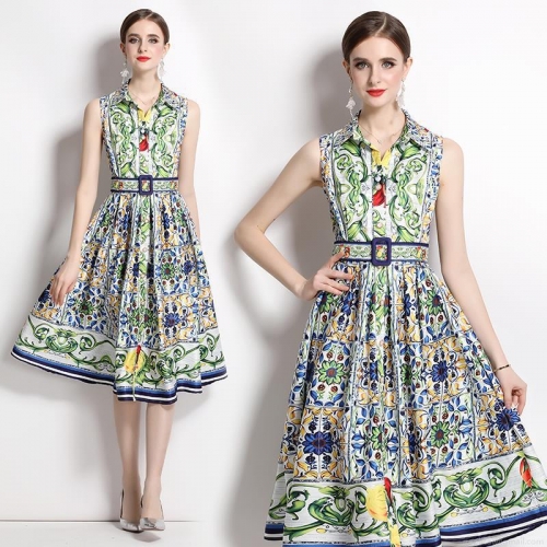 Women's French Retro Sleeveless Midi Dress Sicilian Majolica Tile Print Lapel Button Up A-Line Swing Dress With Belt Summer Vacation Polyester Clothing