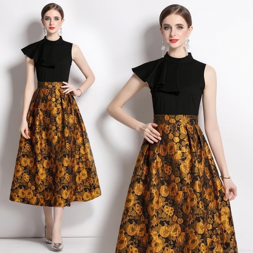 Elegant Women Black Gold Patchwork Jacquard Dress French Vintage Sleeveless Stand Collar Ruffle High Waist A-Line Midi Dress For Wedding Party Dinner