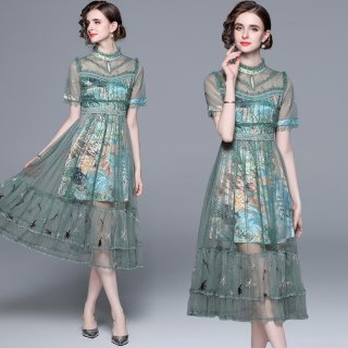 Elegant Women Mesh Embroidery Floral Midi Dress Short Sleeve Ruffle Summer Party Dress Vintage High Waist A-Line Evening Gown