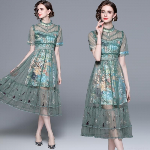 Elegant Women Mesh Embroidery Floral Midi Dress Short Sleeve Ruffle Summer Party Dress Vintage High Waist A-Line Evening Gown