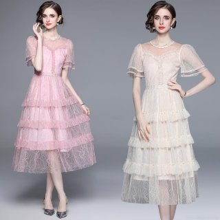 Elegant French Style Beaded Mesh Lace Midi Dress For Women Summer Short Lotus Sleeve Tiered Layered Cake Skirt Slim Fit Evening Party Dresses