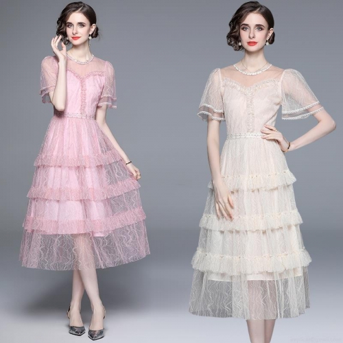 Elegant French Style Beaded Mesh Lace Midi Dress For Women Summer Short Lotus Sleeve Tiered Layered Cake Skirt Slim Fit Evening Party Dresses