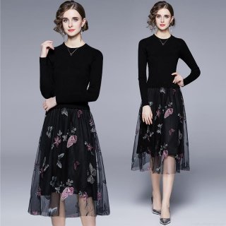 Women's Elegant Black Knit Dress With Butterfly Embroidery Mesh Patchwork High Waist Long Sleeve Midi Party Dress For Women Casual Chic Fashion