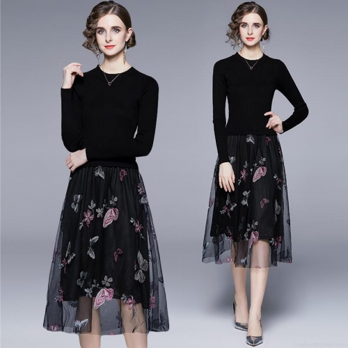 Women's Elegant Black Knit Dress With Butterfly Embroidery Mesh Patchwork High Waist Long Sleeve Midi Party Dress For Women Casual Chic Fashion