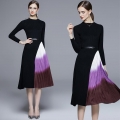 Elegant Women Knit Patchwork Pleated Midi Dress With Belt Gradient Color Long Sleeve Slim Fit Autumn Winter Knitted Long Dress