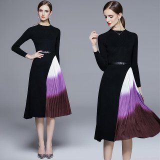 Elegant Women Knit Patchwork Pleated Midi Dress With Belt Gradient Color Long Sleeve Slim Fit Autumn Winter Knitted Long Dress