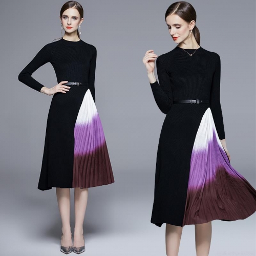 Elegant Women Knit Patchwork Pleated Midi Dress With Belt Gradient Color Long Sleeve Slim Fit Autumn Winter Knitted Long Dress