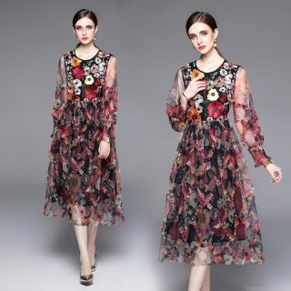 Luxury Heavy Embroidery Floral Mesh Midi Dress For Women High Waist Long Lantern Sleeve Elegant Tulle Patchwork Party Evening Gown