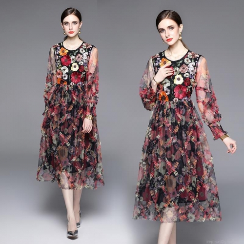 Luxury Heavy Embroidery Floral Mesh Midi Dress For Women High Waist Long Lantern Sleeve Elegant Tulle Patchwork Party Evening Gown