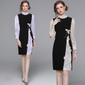 Elegant Improved Qipao Patchwork Dress Women Stand Collar Long Sleeve Satin Chiffon Embroidery 3D Flower Socialite Slim Fit Midi Dress For Wedding Party