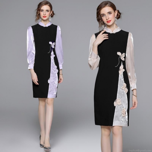 Elegant Improved Qipao Patchwork Dress Women Stand Collar Long Sleeve Satin Chiffon Embroidery 3D Flower Socialite Slim Fit Midi Dress For Wedding Party
