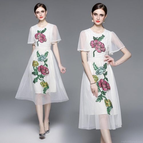 Women's Elegant Heavy Embroidery Mesh Midi Dress With Floral Sequins Short Sleeve High Waist A-Line Spliced Dress For Party Wedding Cocktail Event