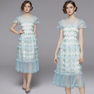 Elegant Floral Embroidery Mesh Lace Maxi Dress High Waist Slim Tiered Cake Dress Women Short Sleeve Ruffle Summer Banquet Party Wedding Occasion Gown