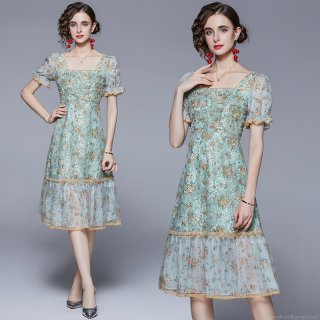 French Elegant Floral Lace Midi Dress For Women Summer Square Neck Puff Sleeve High Waist A-Line Mesh Embroidery Dress With Pearl Rhinestone Detail