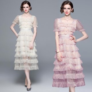 French Style Sweet Square Neck Puff Sleeve Lace Tiered Cake Dress Women Summer High Waist Slim Elegant Midi Dress Party Vacation Female Apricot Pink