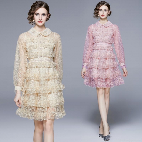 Women's Elegant Lace Tiered Cake Dress Luxury Peter Pan Collar Long Sleeve Embroidery Mesh Midi Dress For Party Wedding Celebrity Style