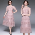 Women's Elegant Pink Mesh Lace Tiered Midi Dress Puff Sleeve Floral Embroidery A-Line Evening Party Wedding Gown