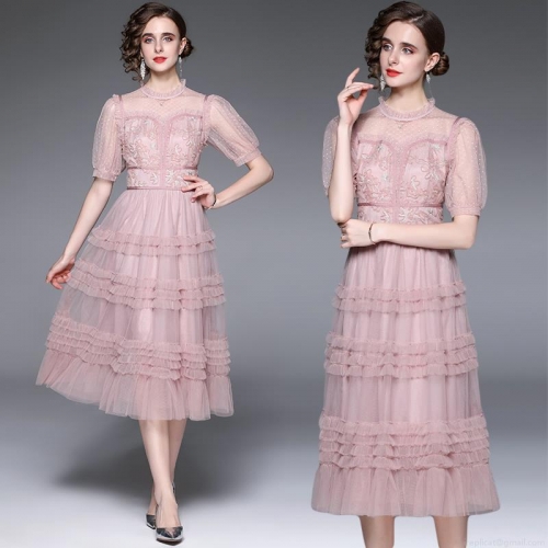 Women's Elegant Pink Mesh Lace Tiered Midi Dress Puff Sleeve Floral Embroidery A-Line Evening Party Wedding Gown