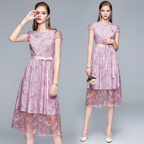 Elegant Mesh Lace Embroidery Midi Dress Women Round Neck Short Sleeve Bowtie Waist Slim Fit Party Evening Wedding Guest Prom Dresses