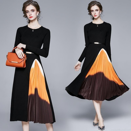 Elegant Knit Patchwork Pleated Midi Dress With Long Sleeve Gradient Chiffon Hem High Waist Belted Slim Fit Fall Winter Fashion Women Midi Dress