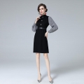 Women's Houndstooth Patchwork Knit Dress Elegant Long Sleeve A-Line Midi Dress With Belt Slim Fit Stand Collar For Office Daily Party Wear