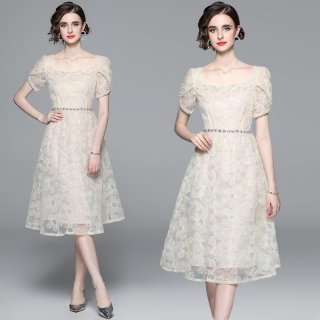 French Elegant Lace Embroidery Midi Dress For Women Square Neck Puff Sleeve Mesh Floral Wedding Guest Party Dress With Rhinestone Belt