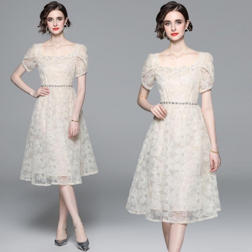 French Elegant Lace Embroidery Midi Dress For Women Square Neck Puff Sleeve Mesh Floral Wedding Guest Party Dress With Rhinestone Belt