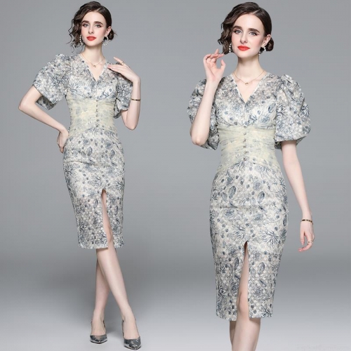 Elegant French Style Floral Print Midi Dress For Women V-Neck Puff Short Sleeve Split Hem Mesh Waist Patchwork Polyester A-Line Dress Party Summer
