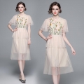 Women's Elegant Apricot Mesh Embroidered Midi Dress Mesh Patchwork Floral Sequin Layered Cake Dress For Party Wedding Cocktail Casual Short Sleeve Ruffle Dress