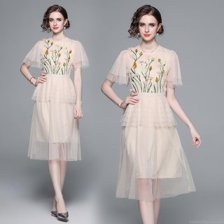 Women's Elegant Apricot Mesh Embroidered Midi Dress Mesh Patchwork Floral Sequin Layered Cake Dress For Party Wedding Cocktail Casual Short Sleeve Ruffle Dress