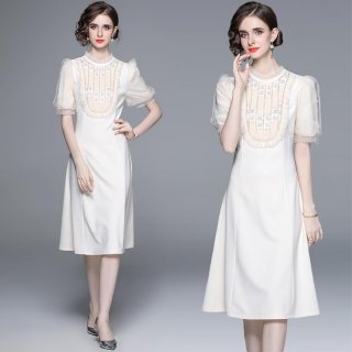 Elegant French Puff Sleeve Midi Dress Women Heavy Industry Beaded Lace Embroidery Patchwork Slim Fit Party Dress White Apricot Dresses