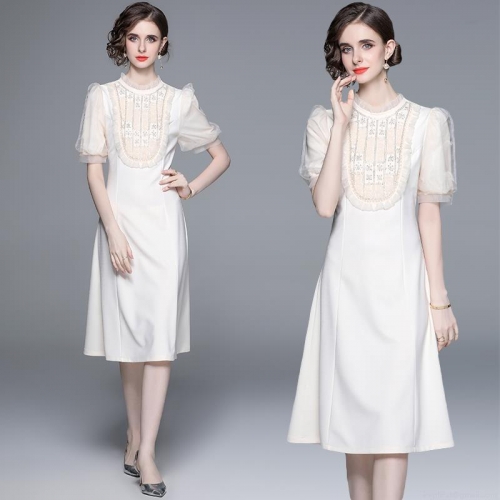 Elegant French Puff Sleeve Midi Dress Women Heavy Industry Beaded Lace Embroidery Patchwork Slim Fit Party Dress White Apricot Dresses
