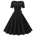 French Vintage Polka Dot Dress Square Neck Short Sleeve A-Line Midi Dress High Waist With Bow Women's Elegant Retro Party Casual Dresses