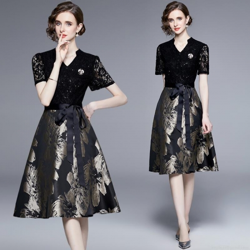 Elegant Sequin Lace Patchwork Jacquard Midi Dress V-Neck Short Sleeve Slim Fit High Waist Floral Print A-Line Party Dress For Women