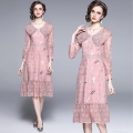 Elegant Pink Lace Floral Embroidery Midi Dress With Peter Pan Collar Lantern Sleeve Slim High Waist Party Evening Wedding Princess Dress For Women